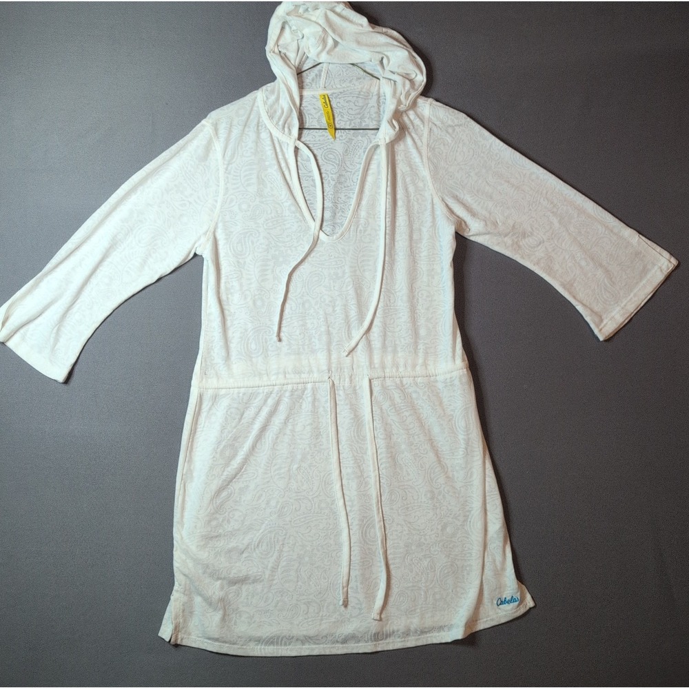 Cabela's Women's White 3/4 Sleeve Hooded Tunic Drawstring Waist Paisley Pattern
